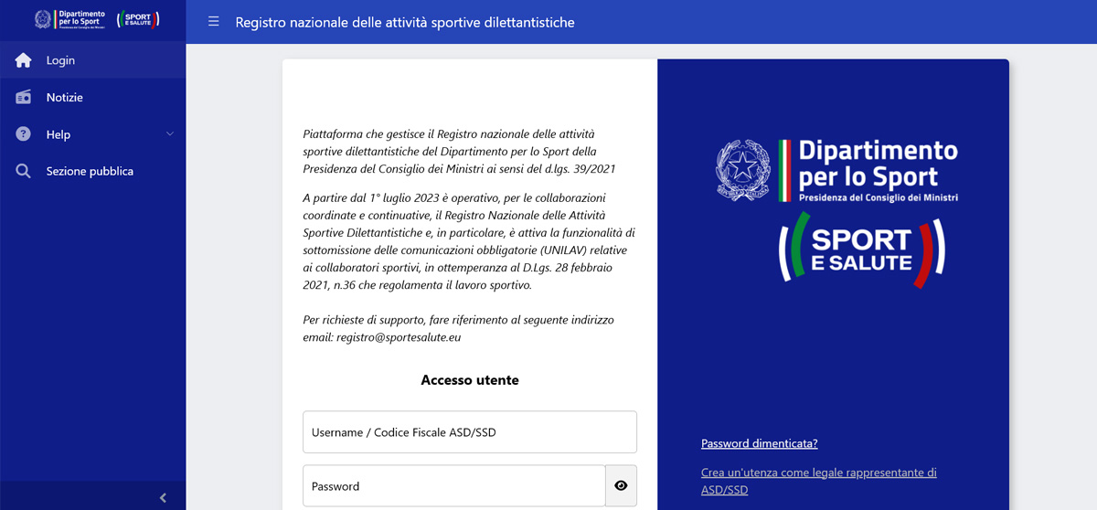 Schermata di Login del Registro nazionale delle attività sportive dilettantistiche