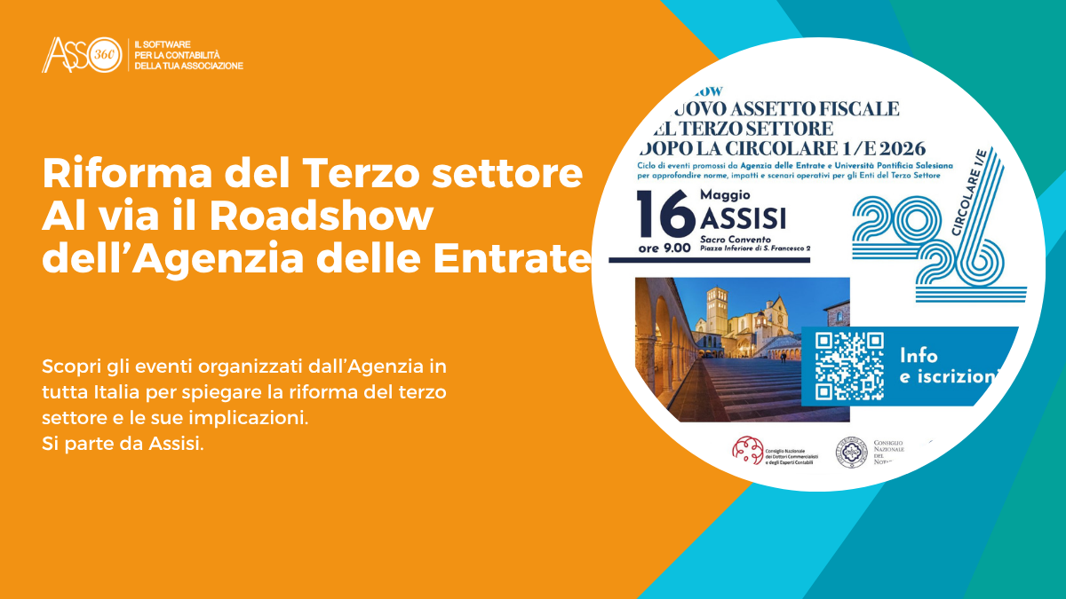 Locandina del Roadshow dell'Agenzia delle Entrate sulla riforma fiscale del Terzo Settore ed ETS, prima tappa Assisi maggio 2026.