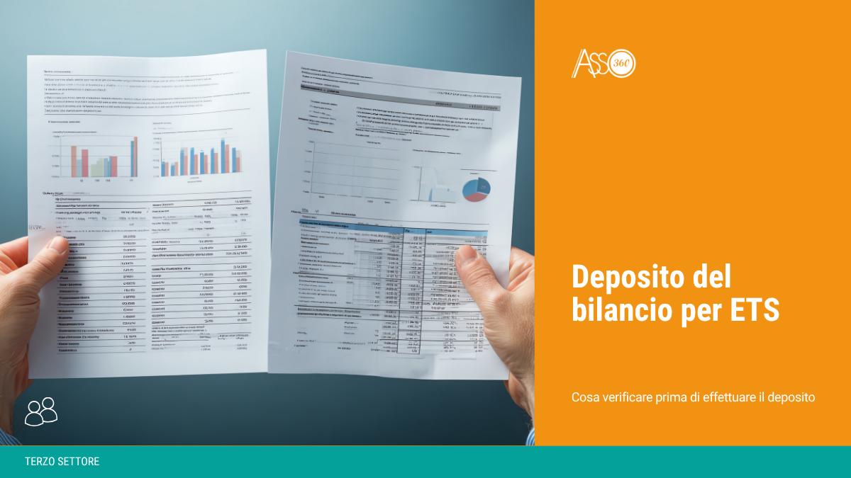 Grafica del blog di Asso360 sul deposito del bilancio degli ETS al RUNTS, con l'immagine di un bilancio contabile e una calcolatrice.