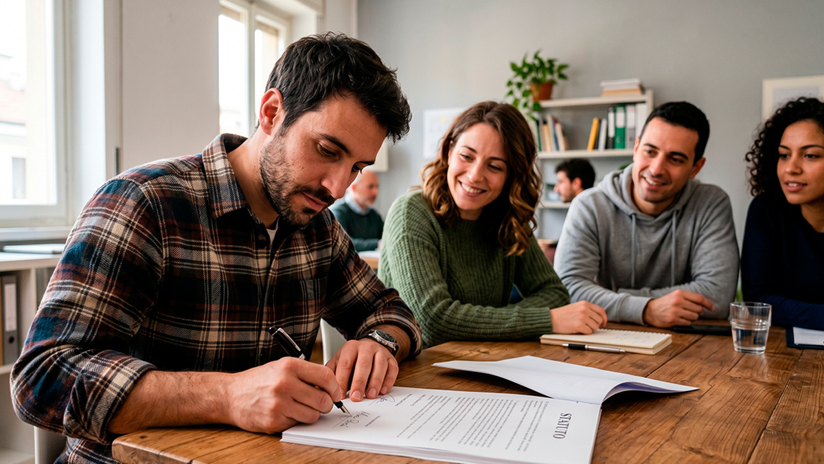 Firma dello statuto di una nuova associazione da parte di un gruppo di giovani fondatori.